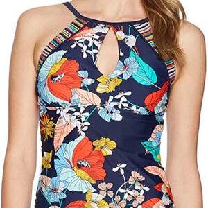 Ellen Tracy High Neck Keyhole Navy with Floral Tankini Top Size 8